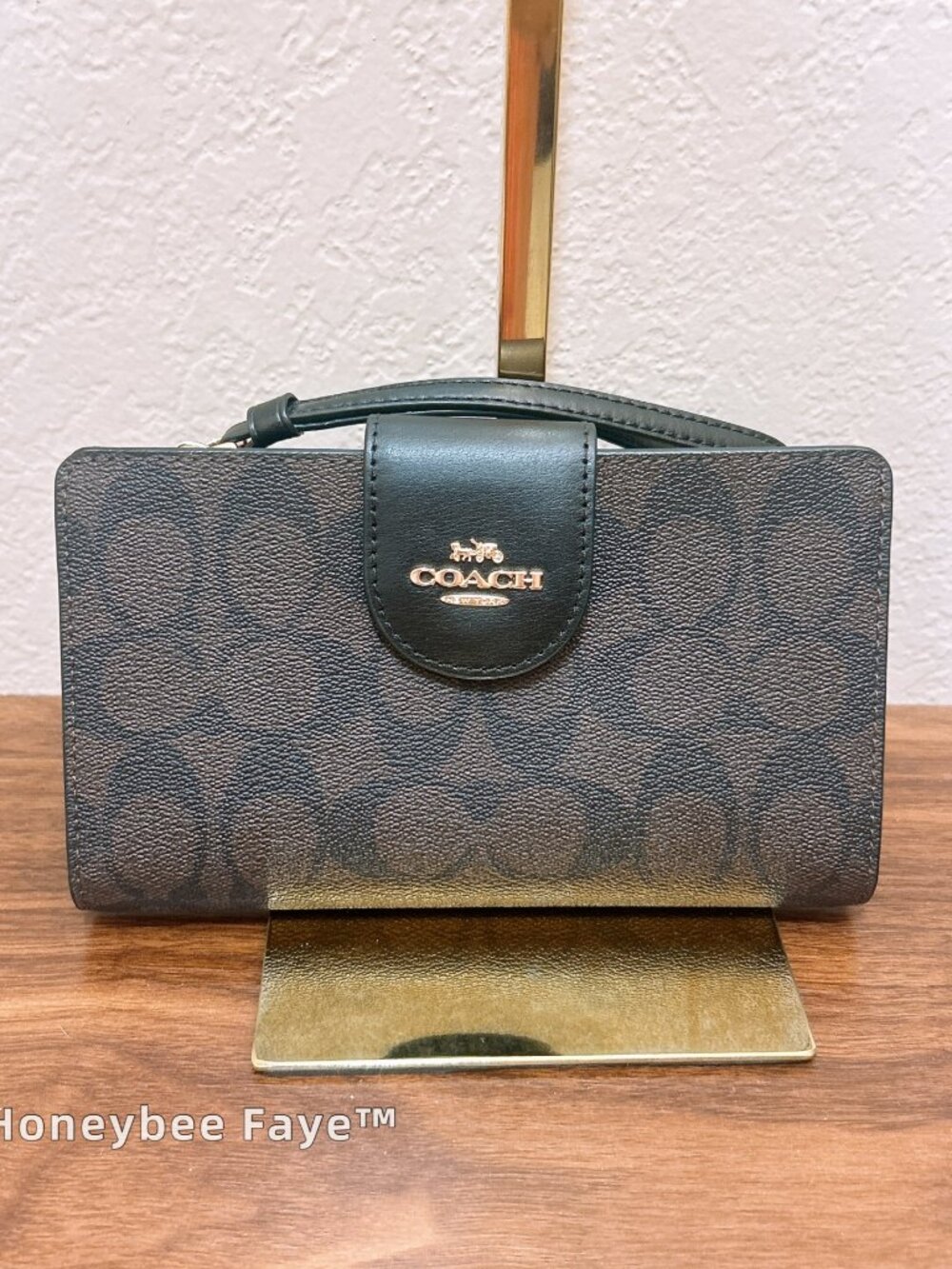 NWT Coach Tech Phone Wallet In Signature Canvas Gold/walnut/black c2874